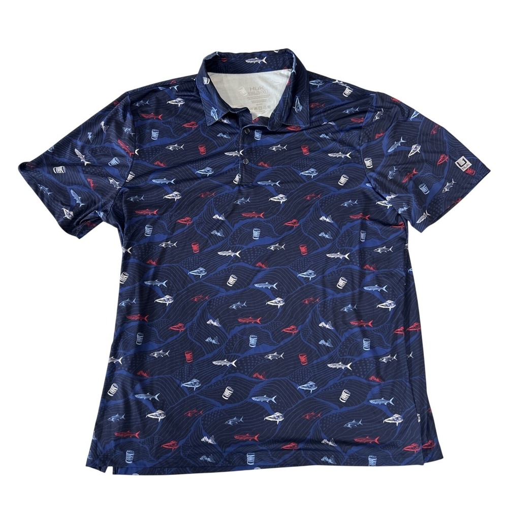 Huk Men's Polo XL Extra Large Blue Fish Beer Golf Graphic Print Fishing